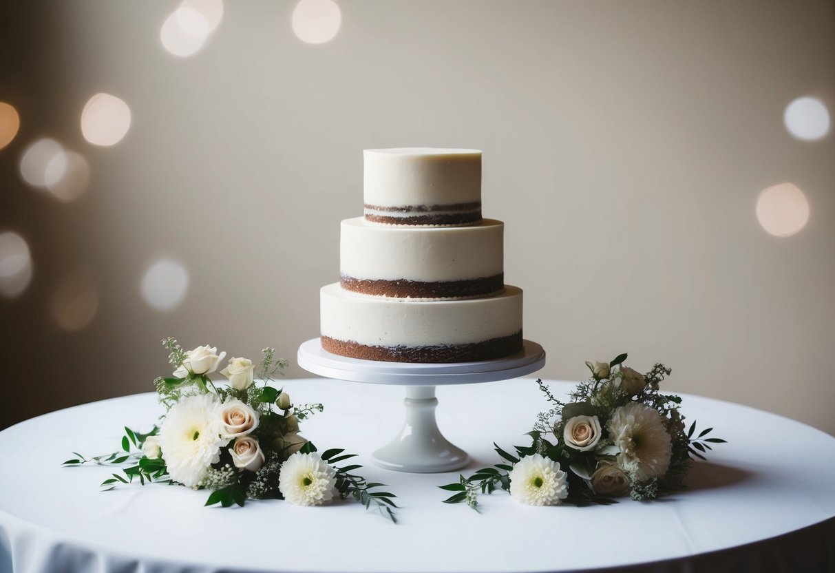 A wedding cake with minimal decorations, surrounded by simple floral arrangements on a table