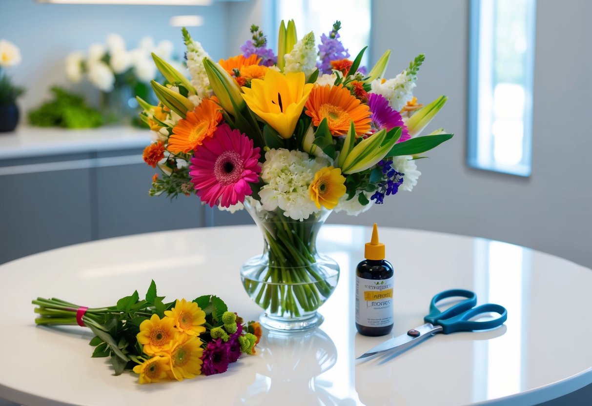 A vase with a vibrant bouquet of assorted flowers, placed on a clean, well-lit table next to a bottle of flower food and a pair of sharp scissors
