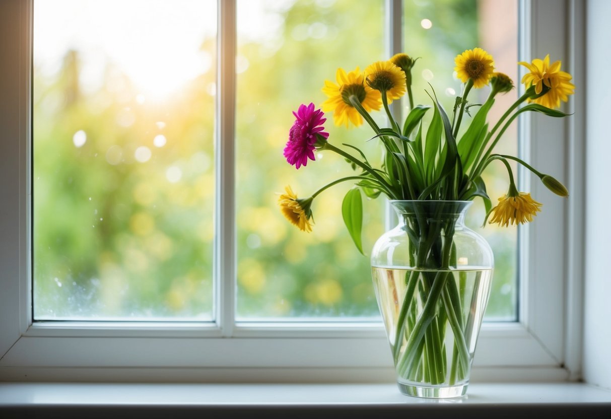 A vase of fresh flowers wilting after two days on a sunny windowsill