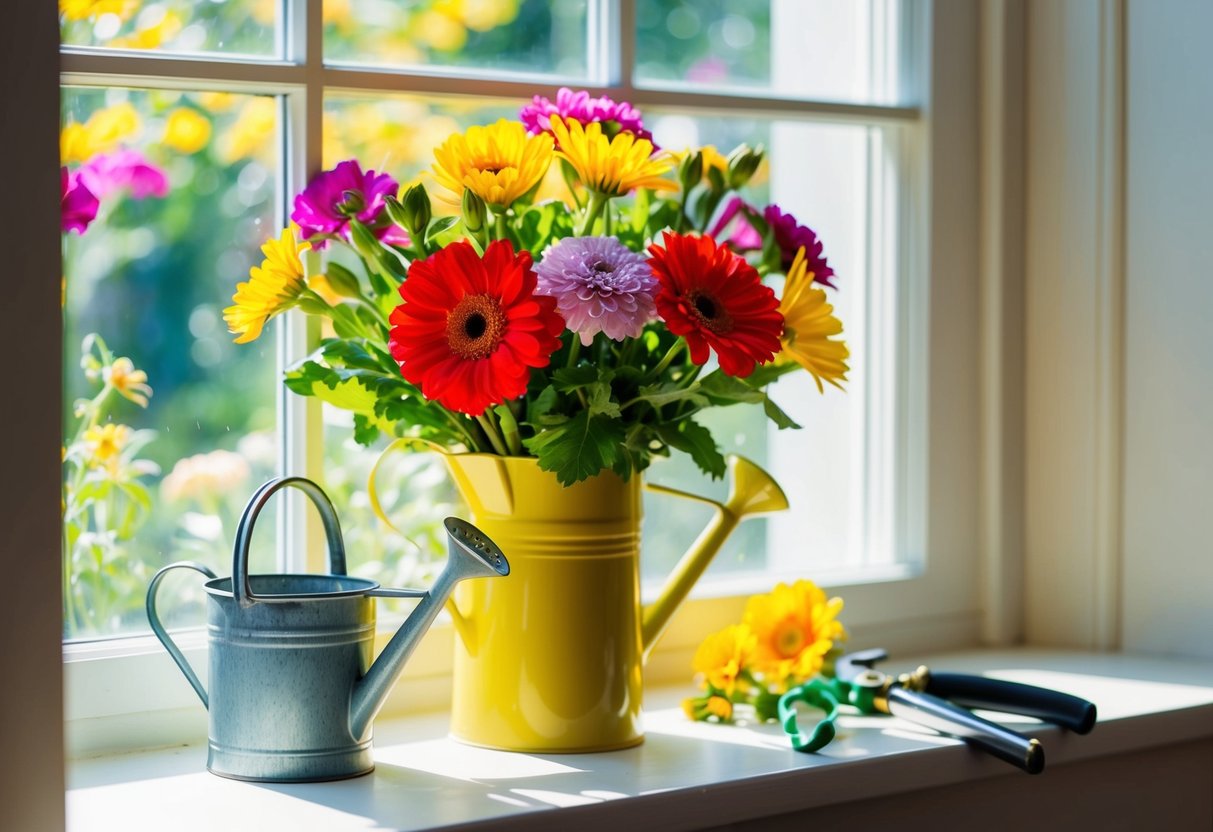 A vase of fresh, vibrant flowers sits on a sunlit windowsill next to a small watering can and a pair of gardening shears
