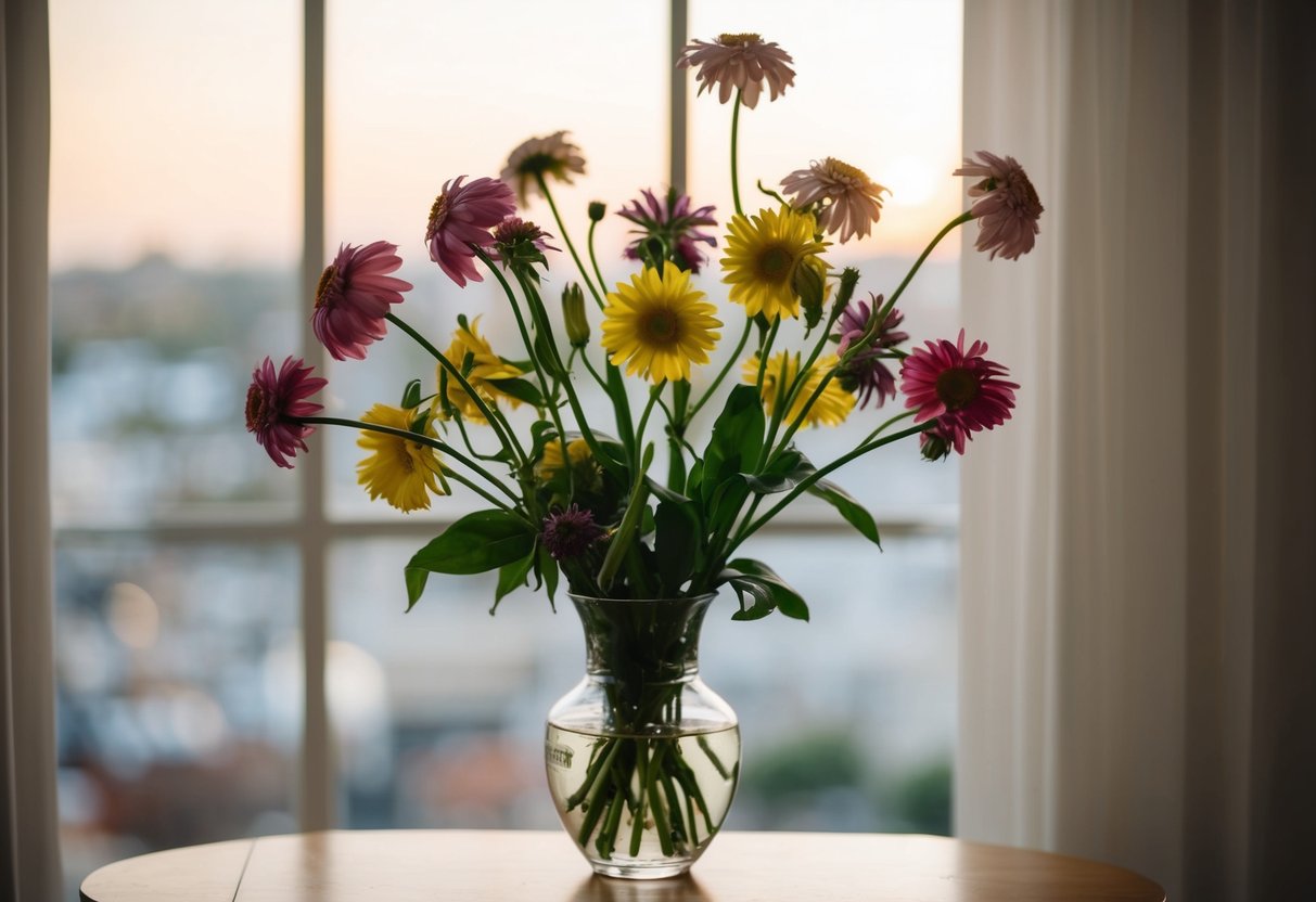 A bouquet of flowers wilting in a vase over two days