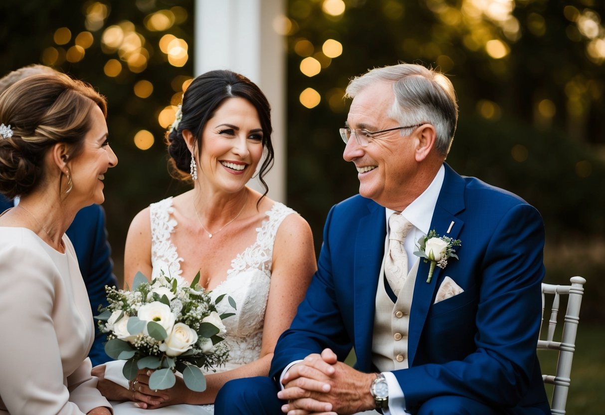 The parents of the groom are seated together, engaged in conversation and smiling