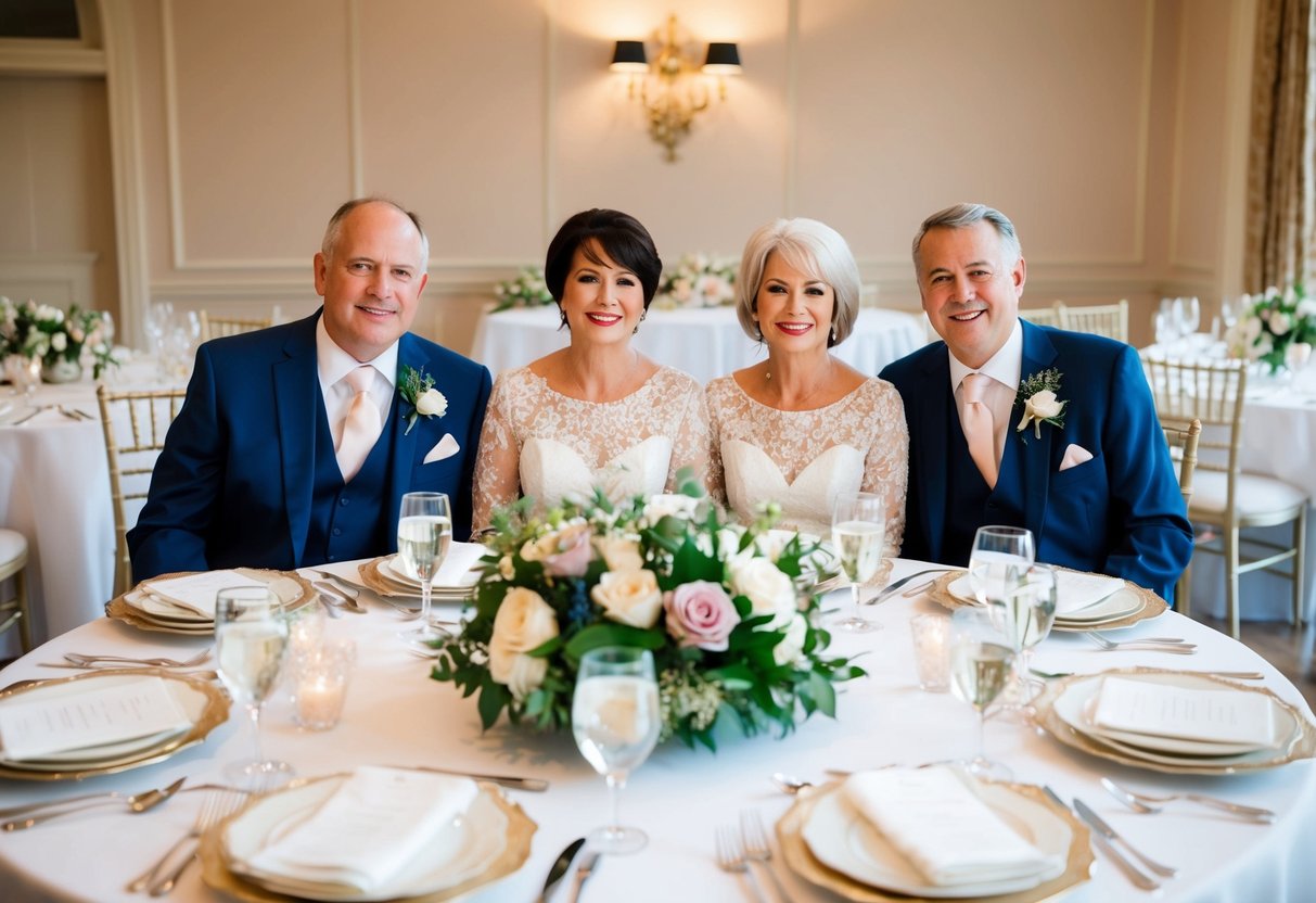 The parents of the groom are seated together at a beautifully decorated table, with elegant place settings and a floral centerpiece