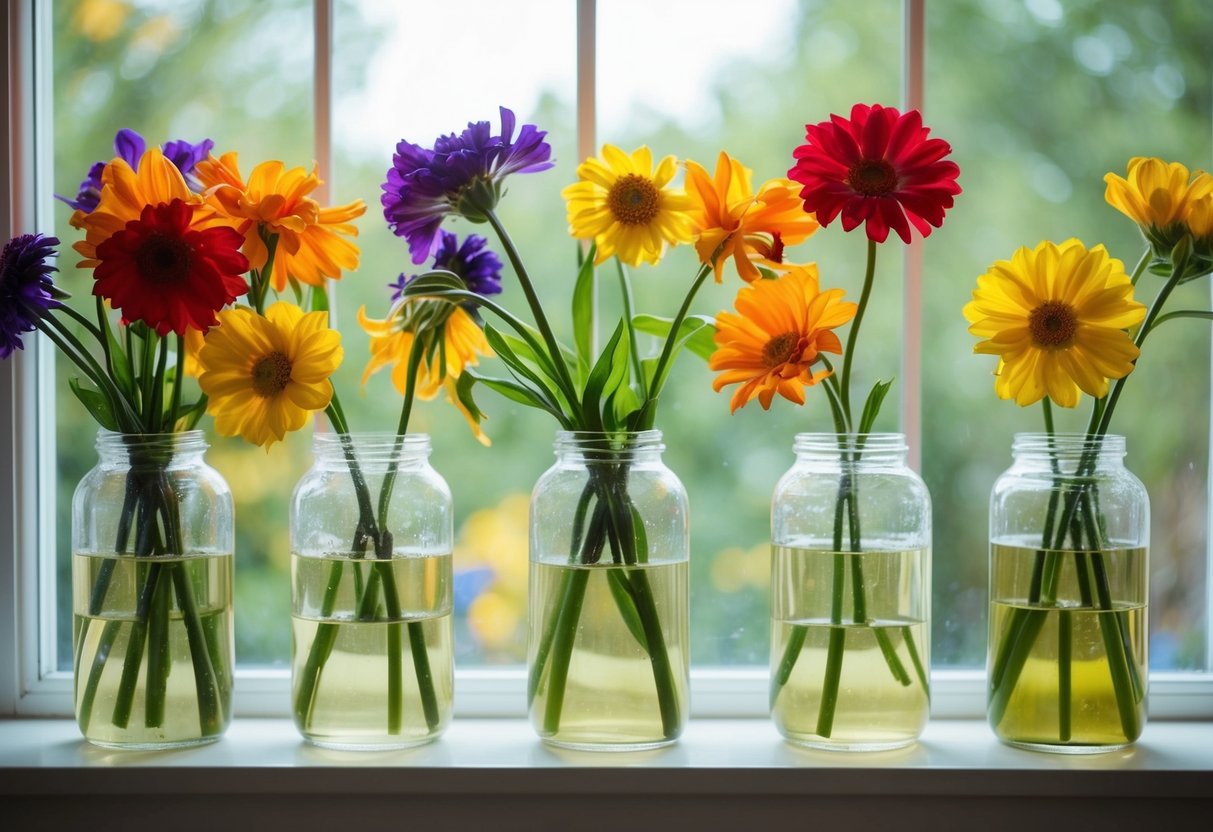A vase of vibrant flowers sits on a sunlit windowsill for three weeks, gradually wilting and losing their petals