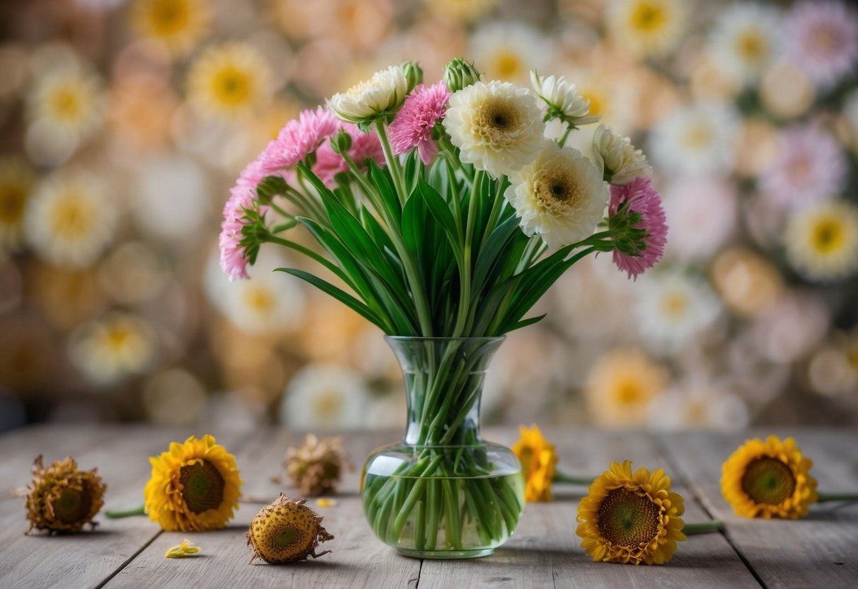 A vase filled with long-lasting flowers in full bloom, surrounded by wilted flowers in the background