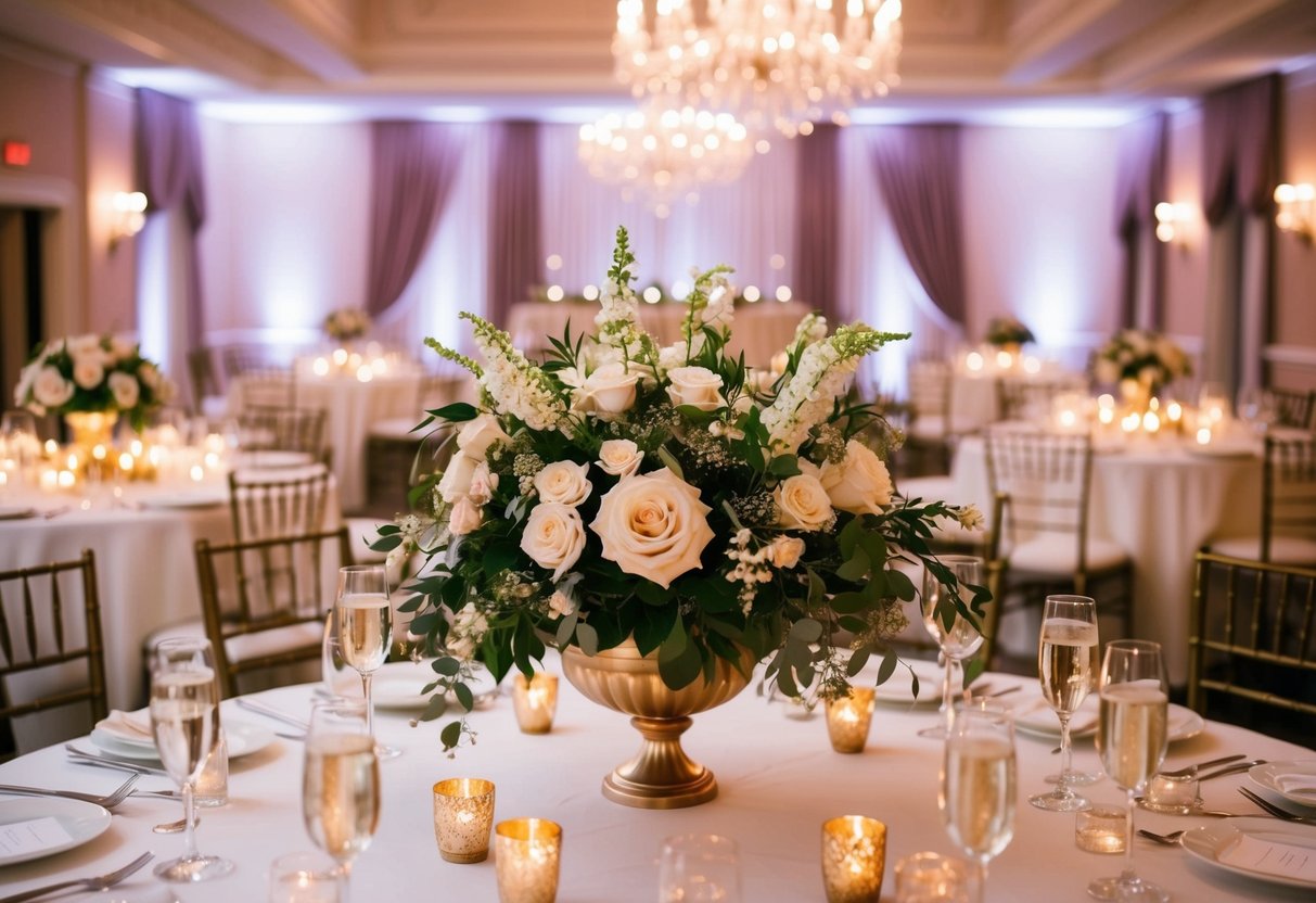 A beautifully decorated wedding venue with a romantic ambiance and elegant floral arrangements