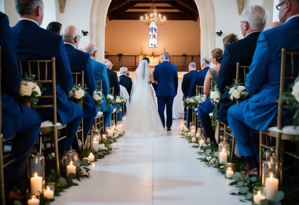 The groom's parents sit in the front row on the right side of the aisle, facing the altar and the couple getting married