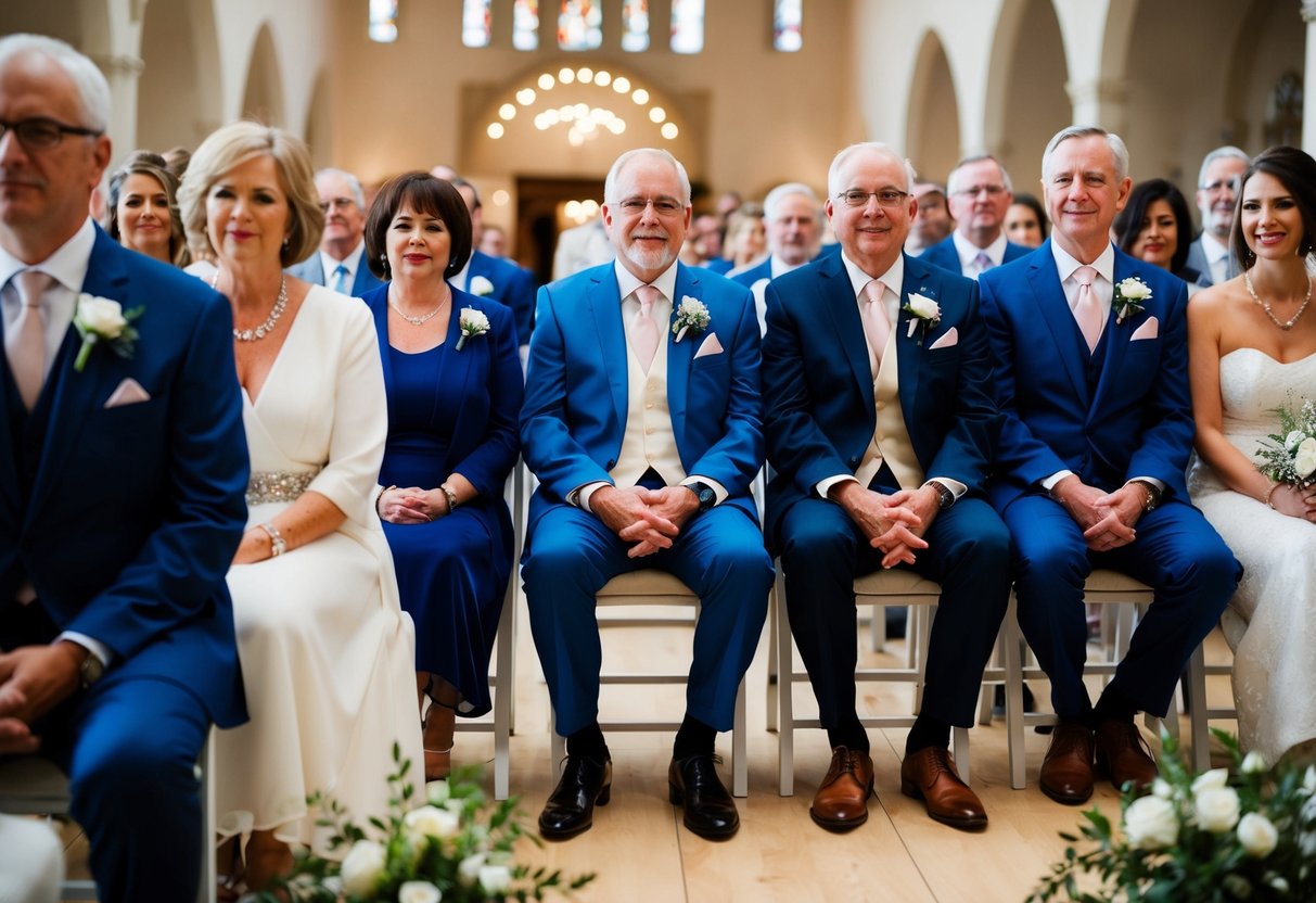 The groom's parents sit in the front row on the right side of the aisle, facing the ceremony space