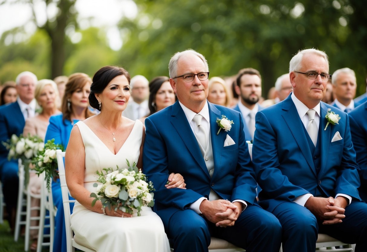 The groom's parents sit in the front row on the right side of the aisle during the processional at the wedding