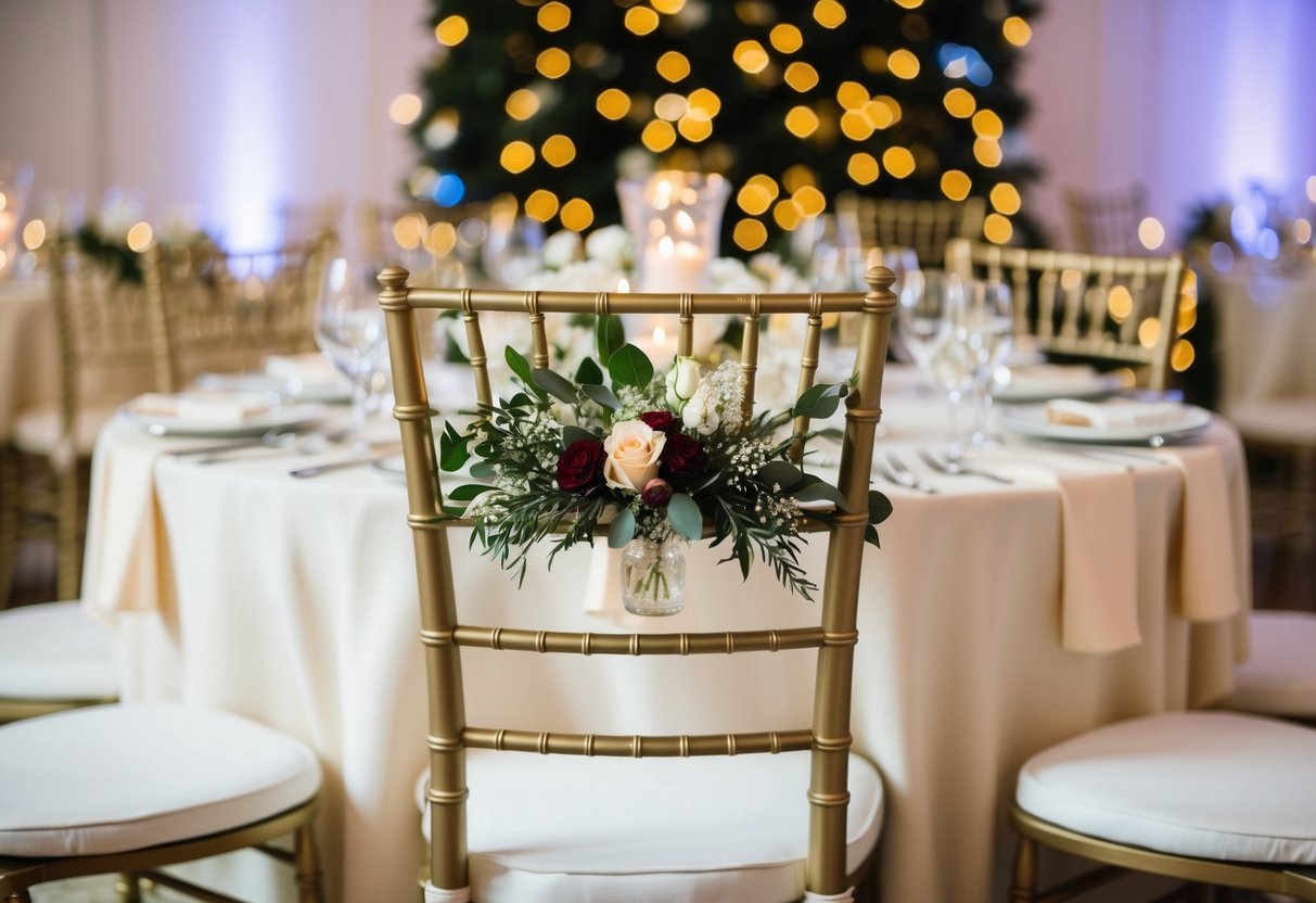 A single chair at a beautifully decorated table, with a place setting for one, surrounded by festive wedding decor and twinkling lights
