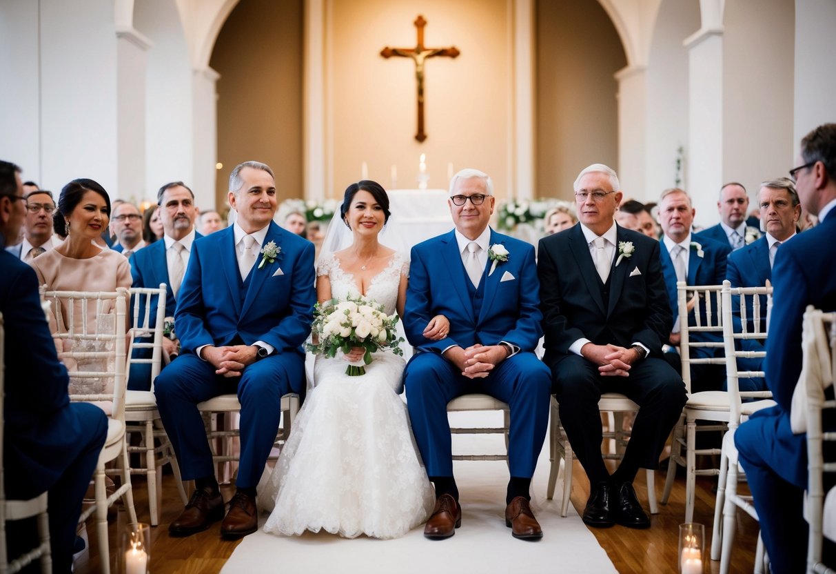 The groom's parents sit in the front row on the right side of the aisle, facing the altar. The seating is arranged to honor their role in the wedding