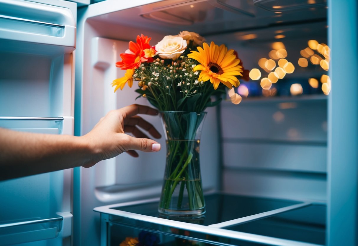 A hand reaching for a vase of flowers inside a refrigerator