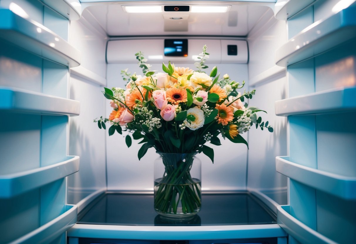 A bouquet of flowers sitting inside a clean, empty refrigerator, surrounded by shelves and glowing with a soft, cool light