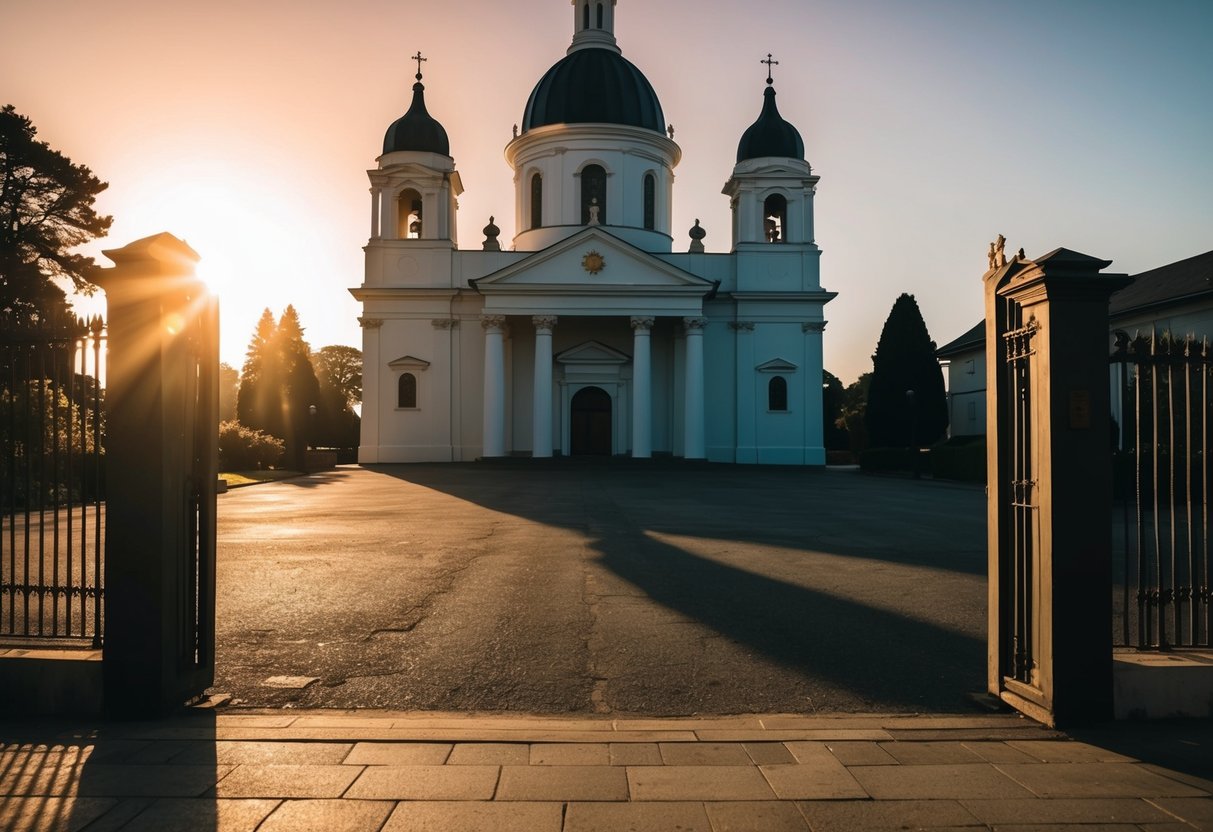 A sun setting behind a grand church, casting long shadows on the empty entrance