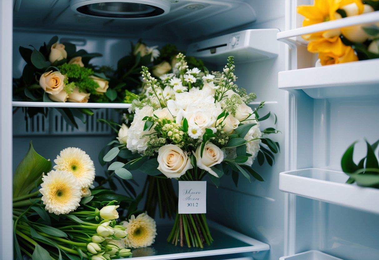 A wedding bouquet placed inside a refrigerator among other fresh flowers, with a small label indicating the date of the wedding
