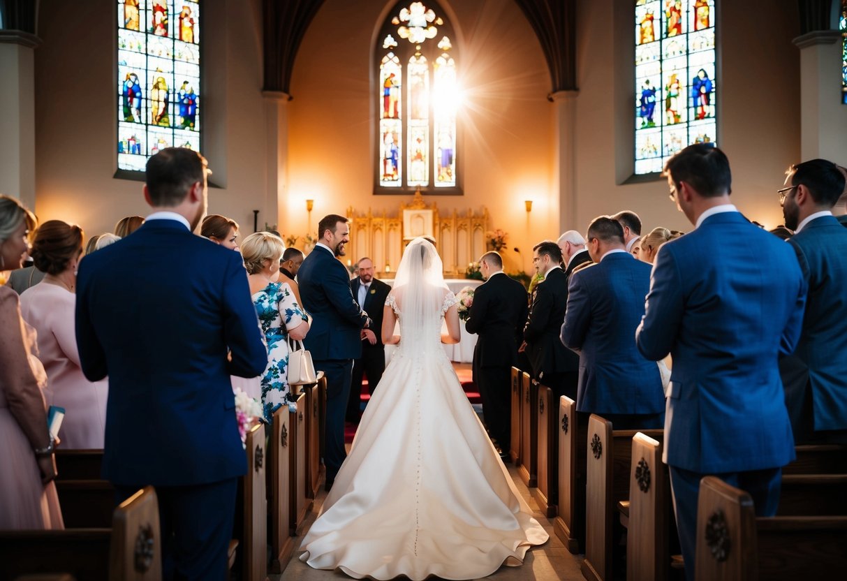 Guests entering a grand church, the setting sun casting a warm glow through stained glass windows. An elegant bride waits at the altar, while the groom nervously checks his watch