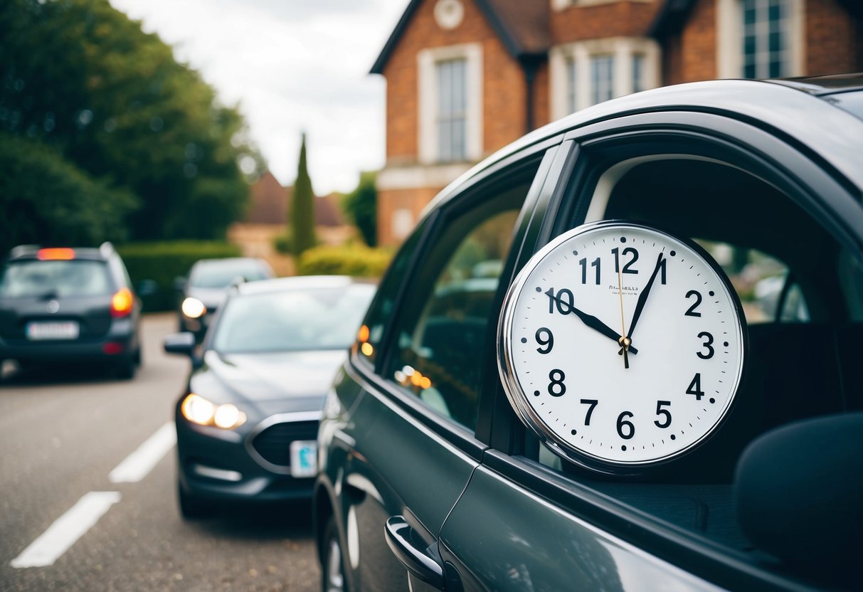 A clock showing 5 minutes before the wedding start time, with a car stuck in traffic outside the venue