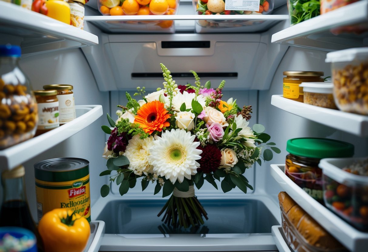 A wedding bouquet of various flower types sits inside a refrigerator, surrounded by other food items