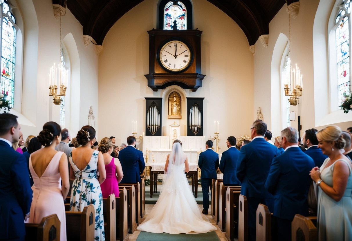 A clock striking noon as a bride waits at the altar, guests looking at their watches in a grand church