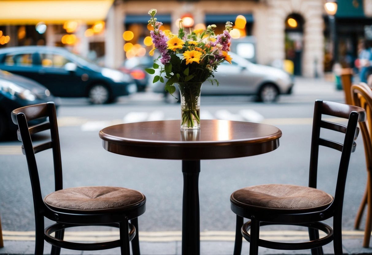 A cozy cafe table with two empty chairs, a vase of flowers in the center