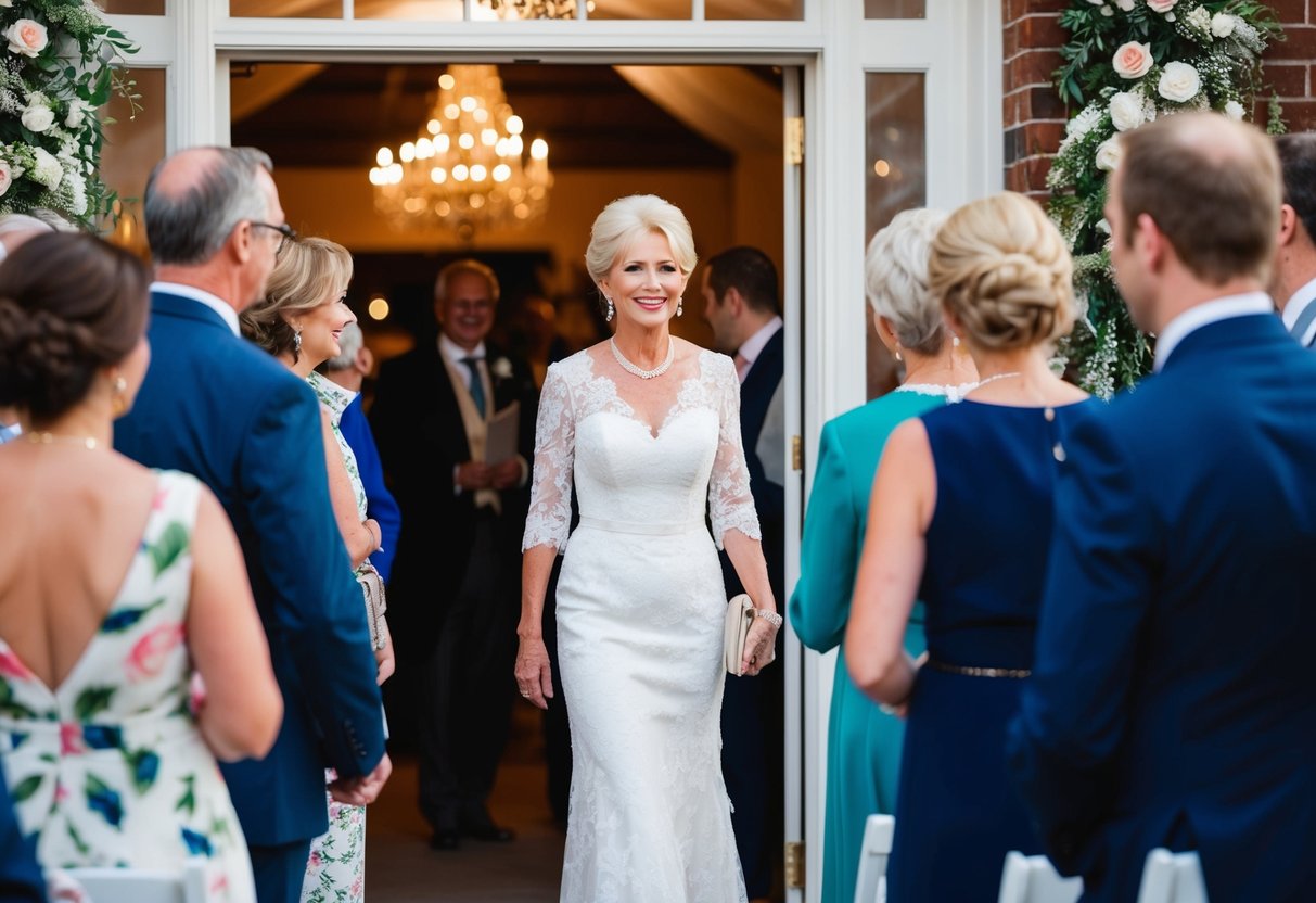The elegant hostess warmly welcomes arriving guests at the entrance to the wedding venue, setting a gracious and inviting tone for the celebration