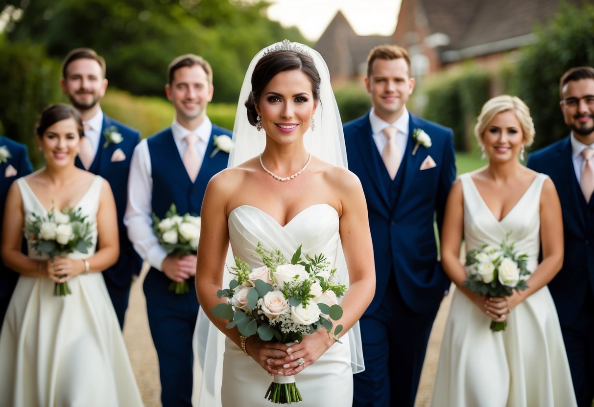 A woman in a formal dress stands with the wedding party, holding a bouquet