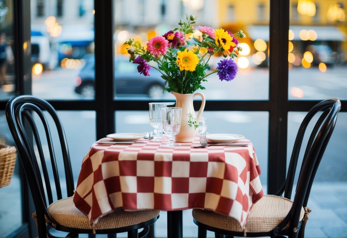 A cozy cafe table with two chairs, a vase of colorful flowers, and a checkered tablecloth