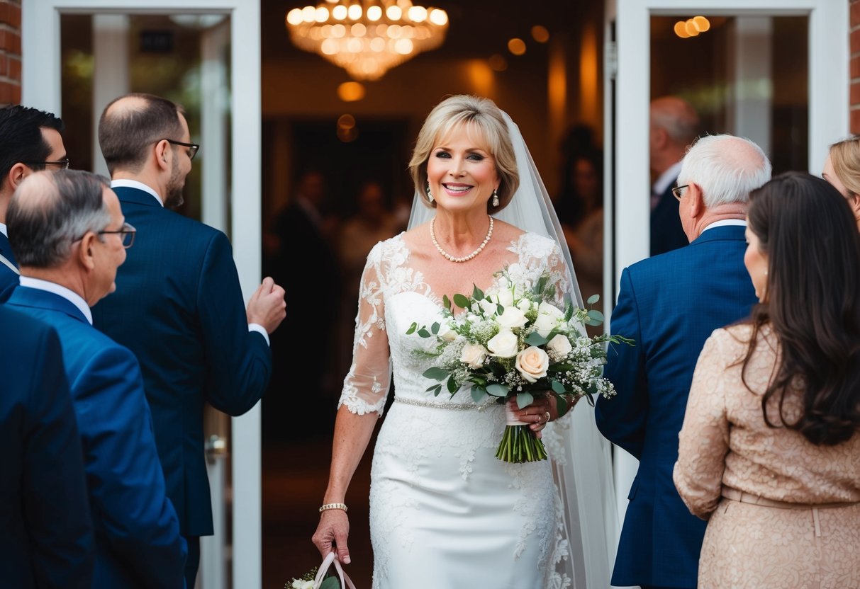 The mother of the bride warmly welcomes arriving guests at the entrance of the wedding venue