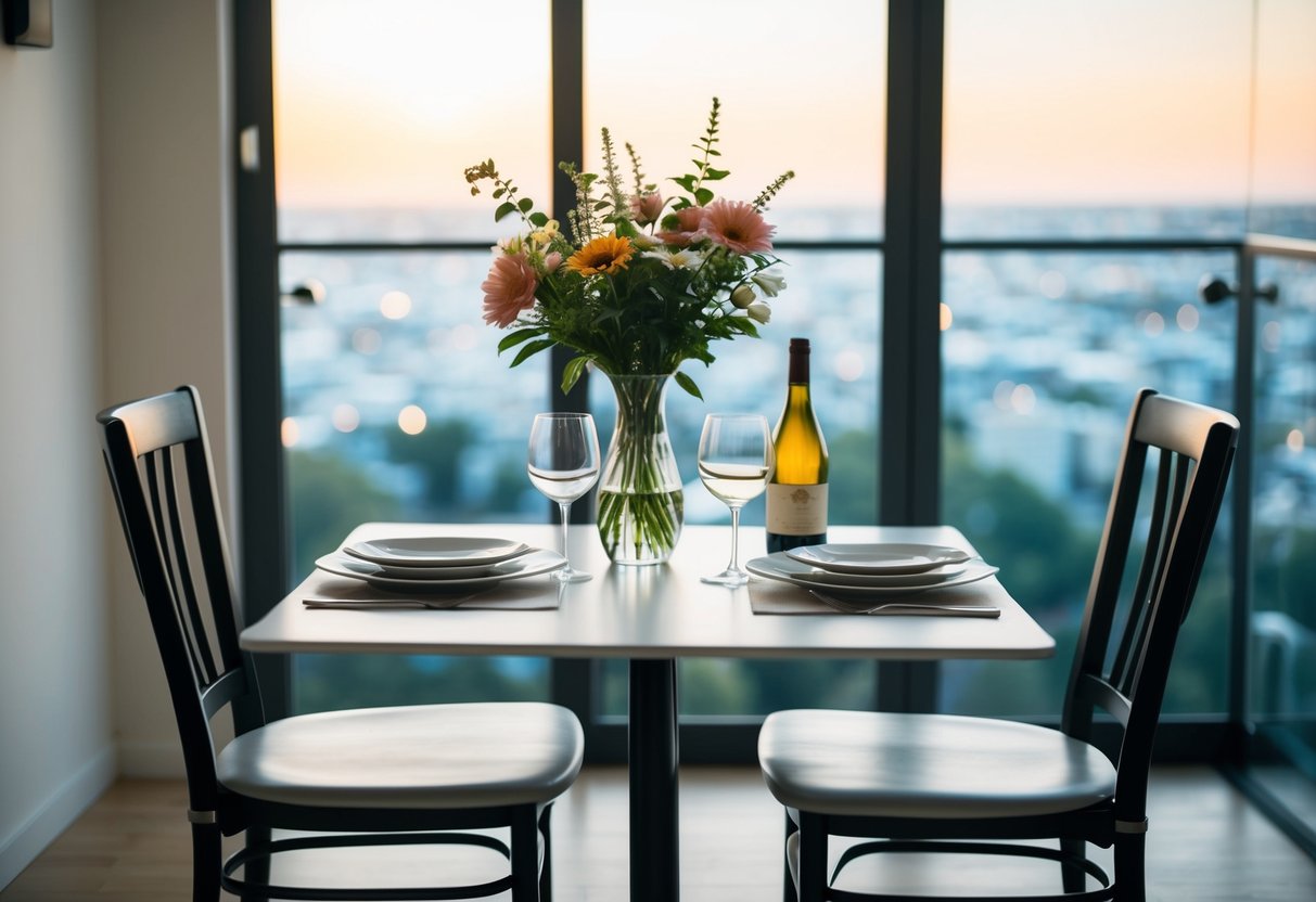 A table set for two with a vase of fresh flowers, a bottle of wine, and two empty chairs