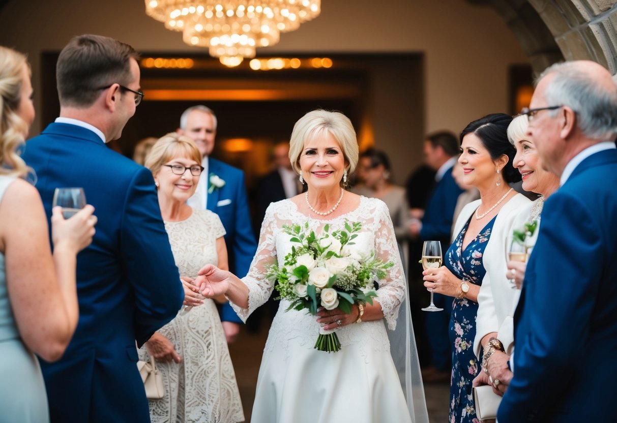 The mother of the bride warmly greets arriving guests at the wedding venue