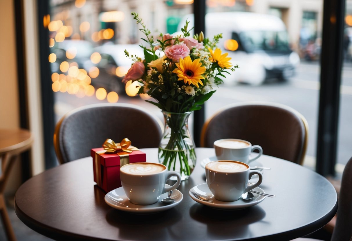 A cozy cafe table set with a vase of fresh flowers, two cups of coffee, and a small gift box