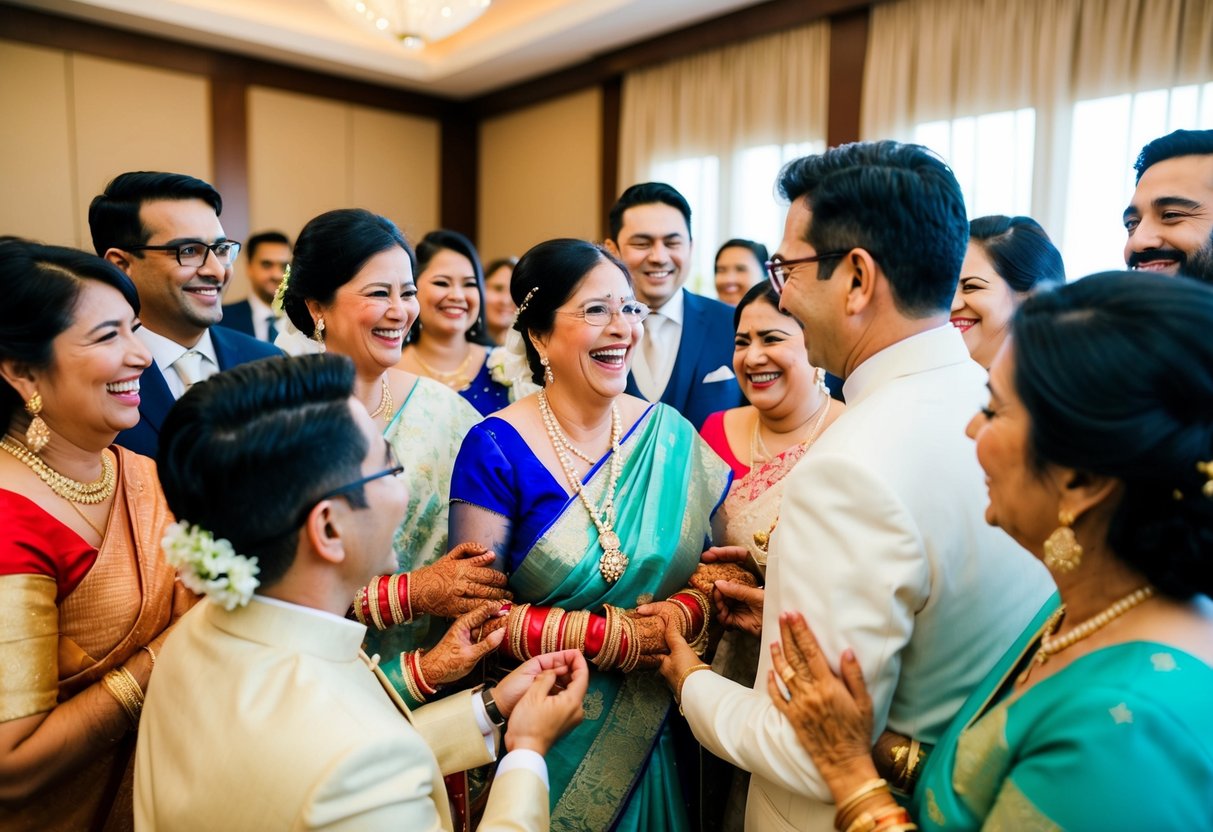 The groom's mother is surrounded by family and friends at a pre-wedding event, sharing laughter and joy