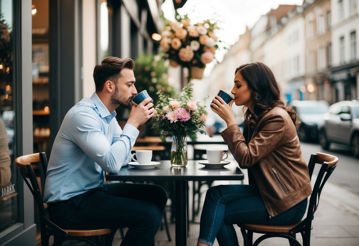 A couple sits at a cafe table, sipping coffee. A small bouquet of flowers sits between them, adding a touch of romance to their conversation