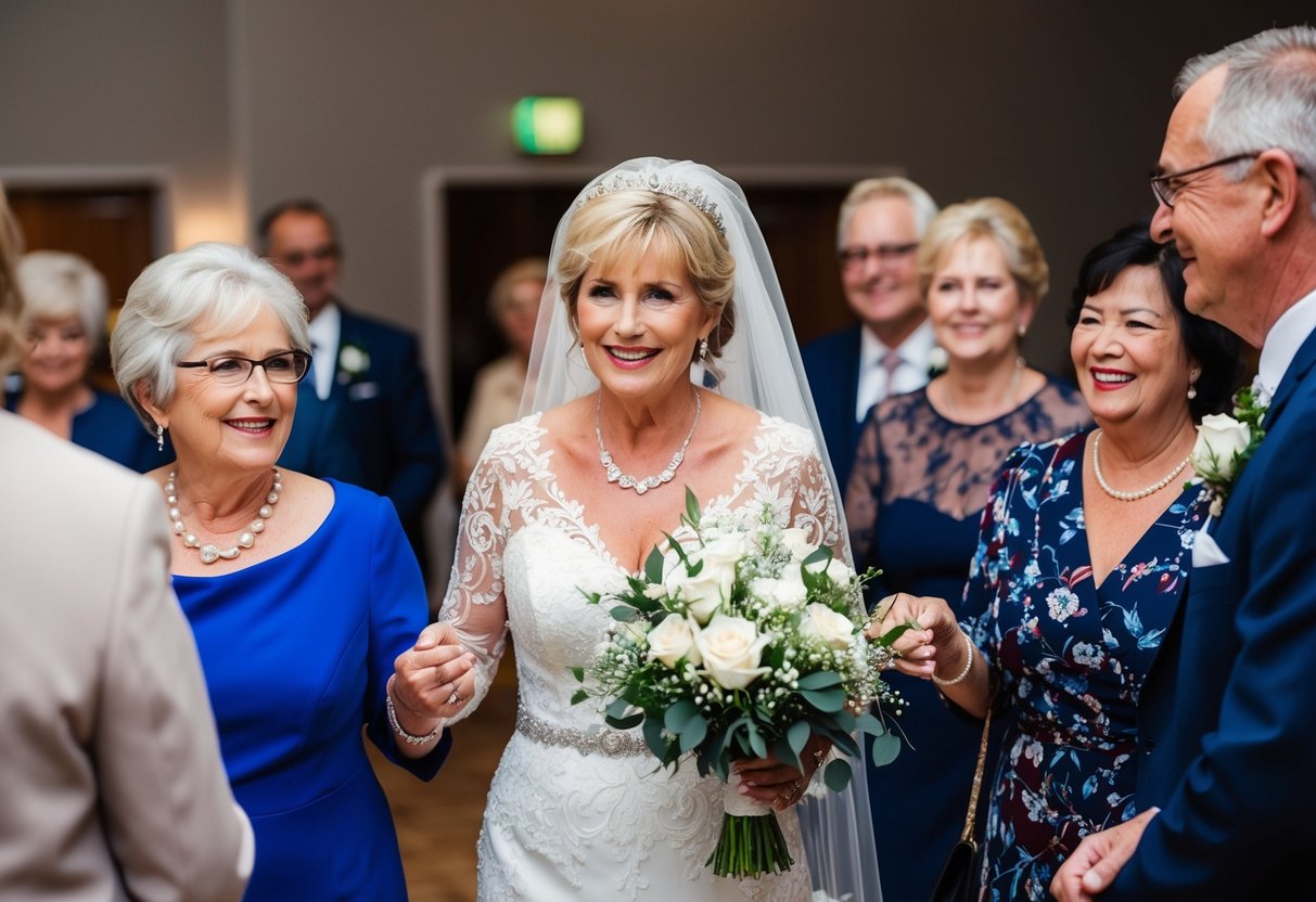 The mother of the bride warmly welcomes arriving guests at the ceremony and reception