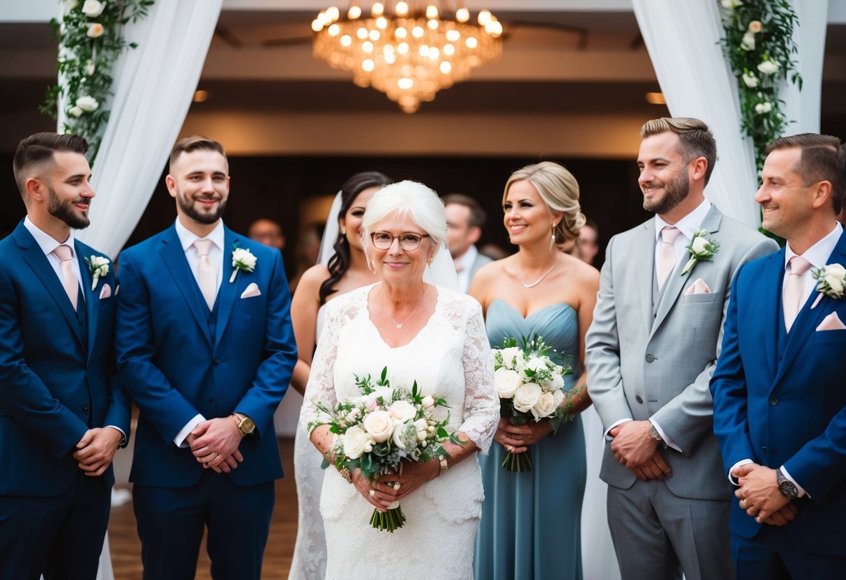 The groom's mother stands with the wedding party at the ceremony and reception