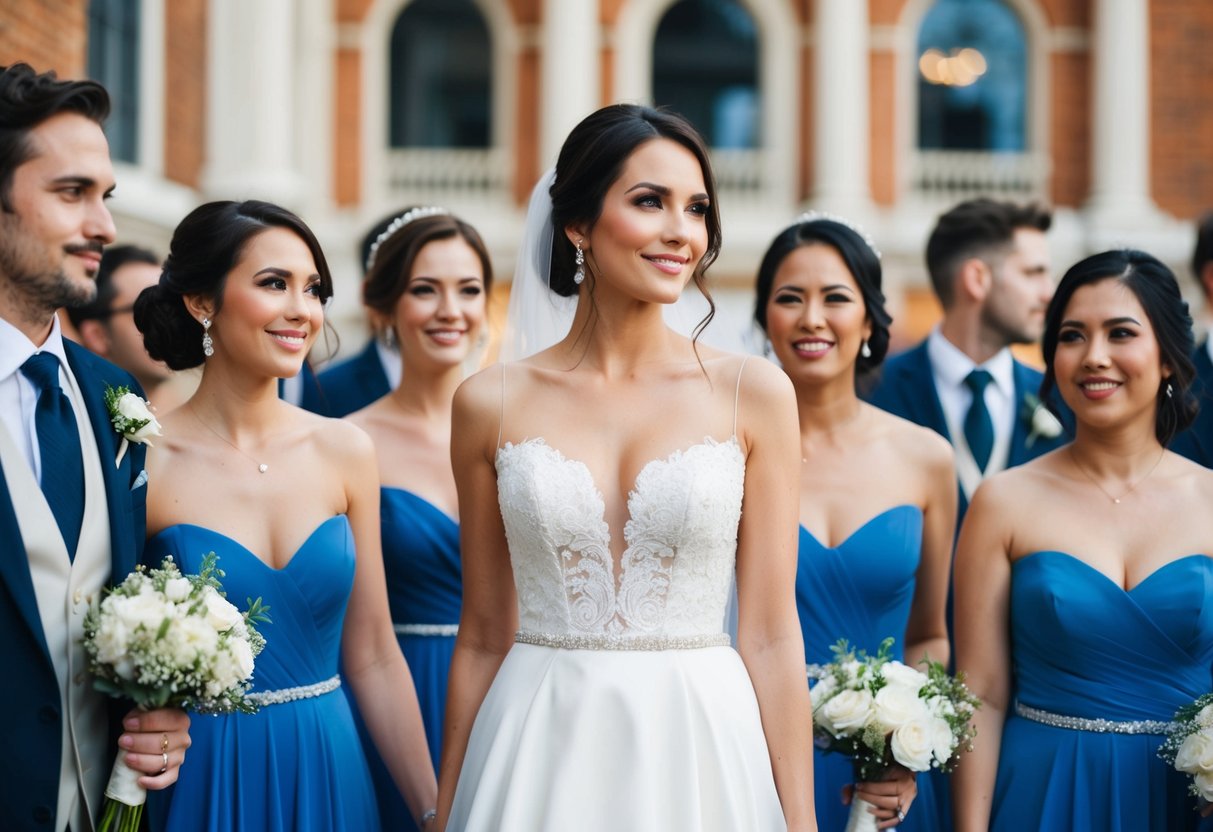 A well-dressed woman stands among the wedding party, exuding elegance and sophistication