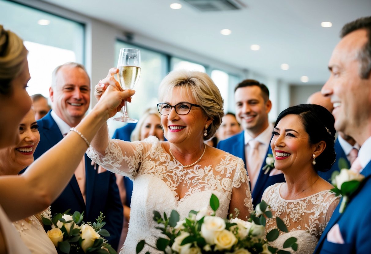 The mother of the bride raises a glass, surrounded by smiling guests