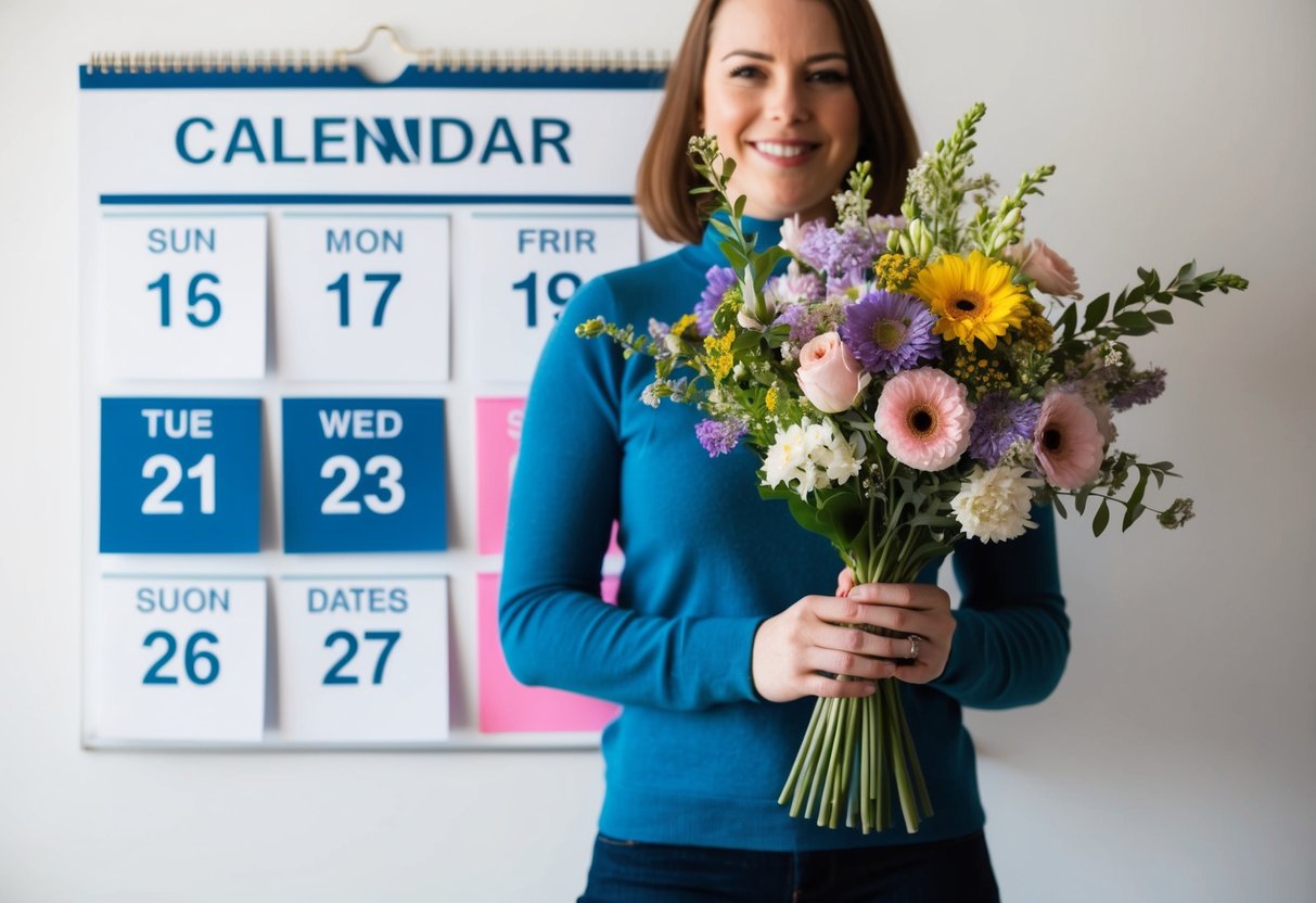 A person holding a bouquet of flowers, standing in front of a calendar with several dates marked