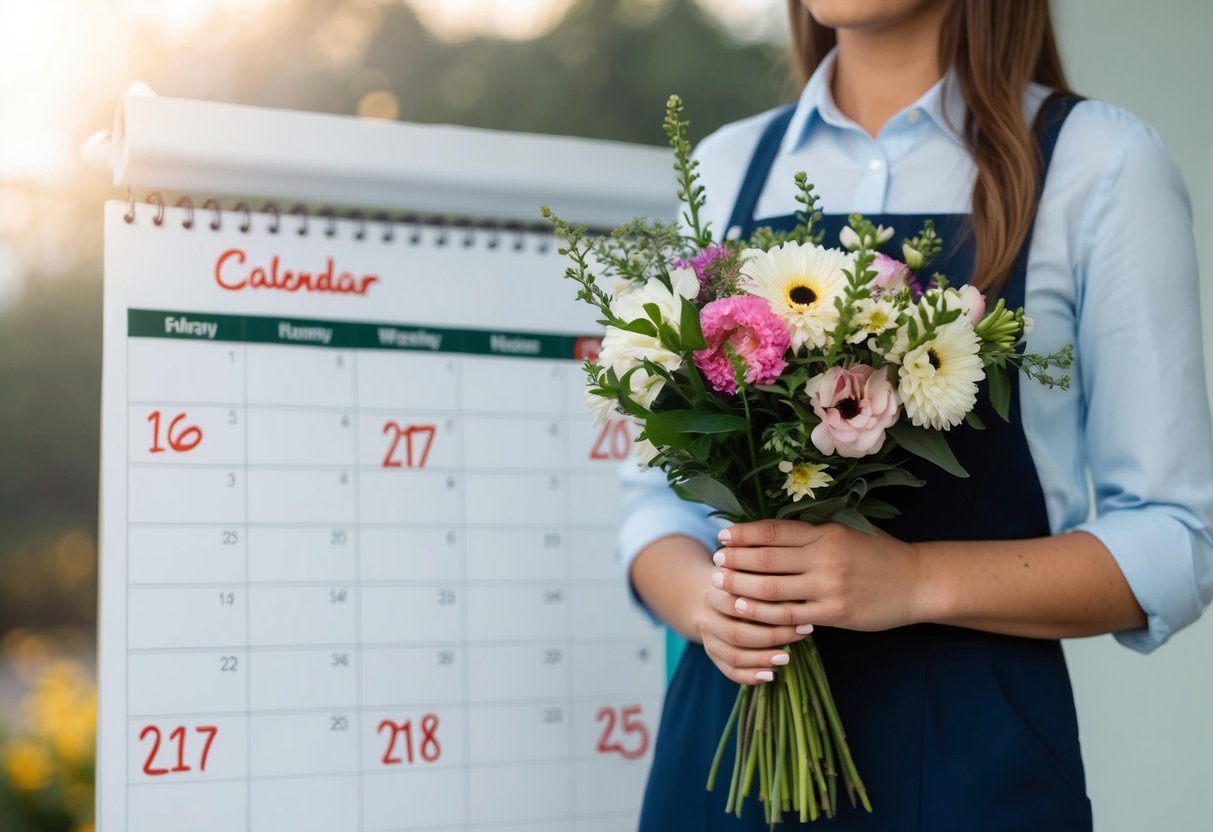 A person holding a bouquet of flowers, standing in front of a calendar with multiple dates circled