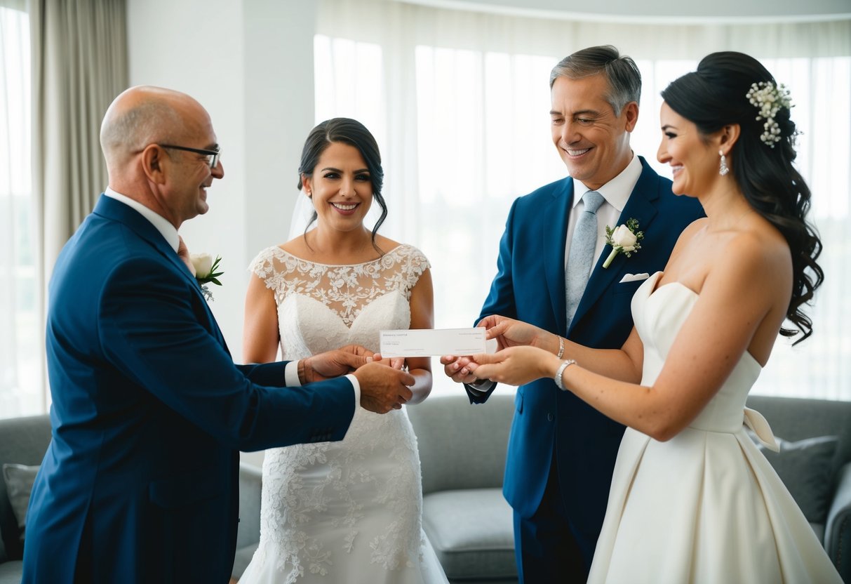A bride's parents handing over a check to a wedding planner