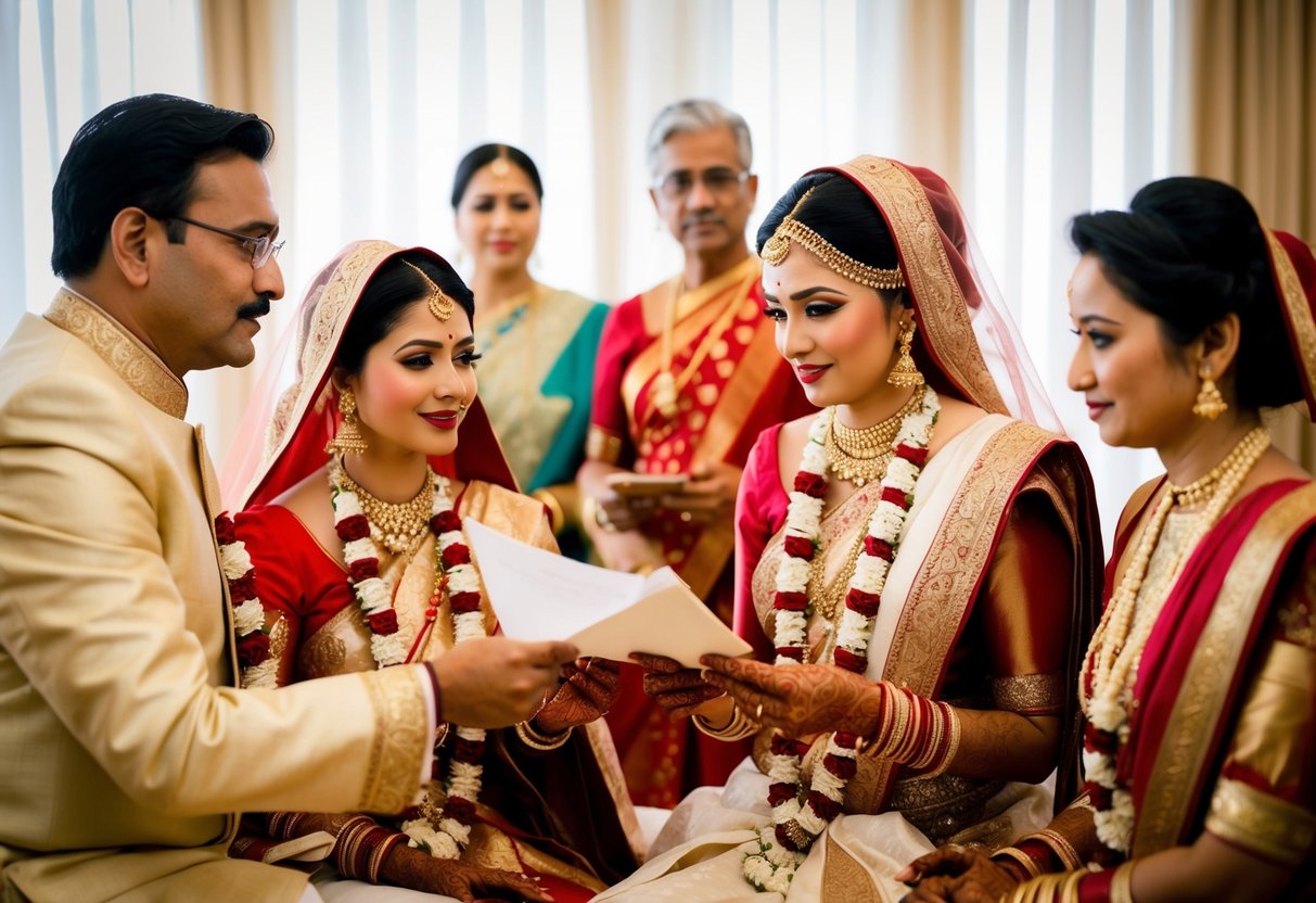 A traditional wedding scene with the bride's parents discussing finances with the groom's family