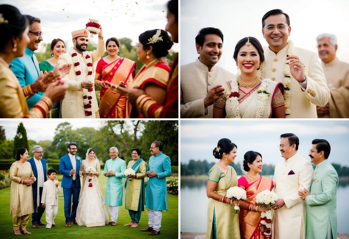 A joyful pre-wedding celebration with the bride's parents hosting and a serene post-wedding gathering with the couple and their families