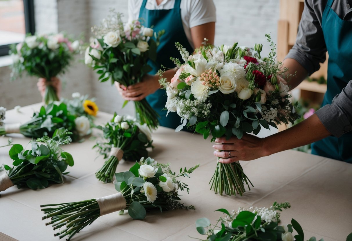 Florists arrange leftover wedding flowers into bouquets for donation or composting