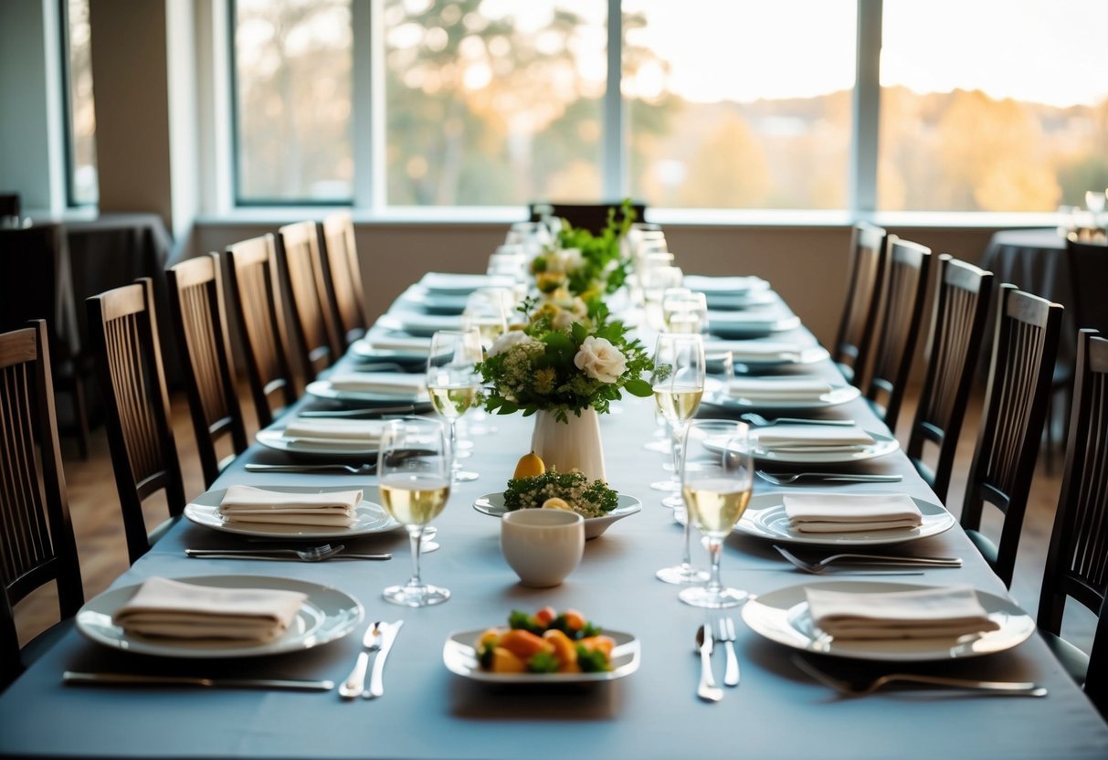 A dining table set for a meal with a place setting and chair for each guest, along with extra chairs indicating inclusion of self in guest count