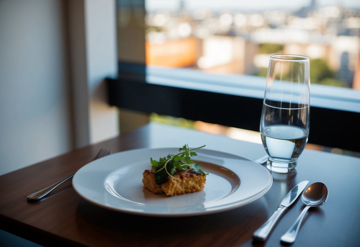 A table set for a meal with a place setting for one person, including a plate, utensils, and a glass
