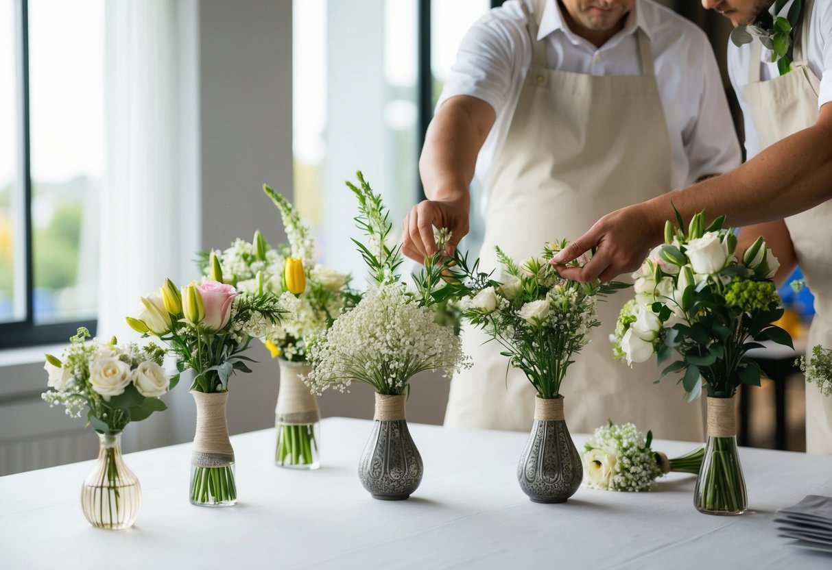 Florists carefully arrange leftover wedding flowers into small bouquets and place them in decorative vases on a table