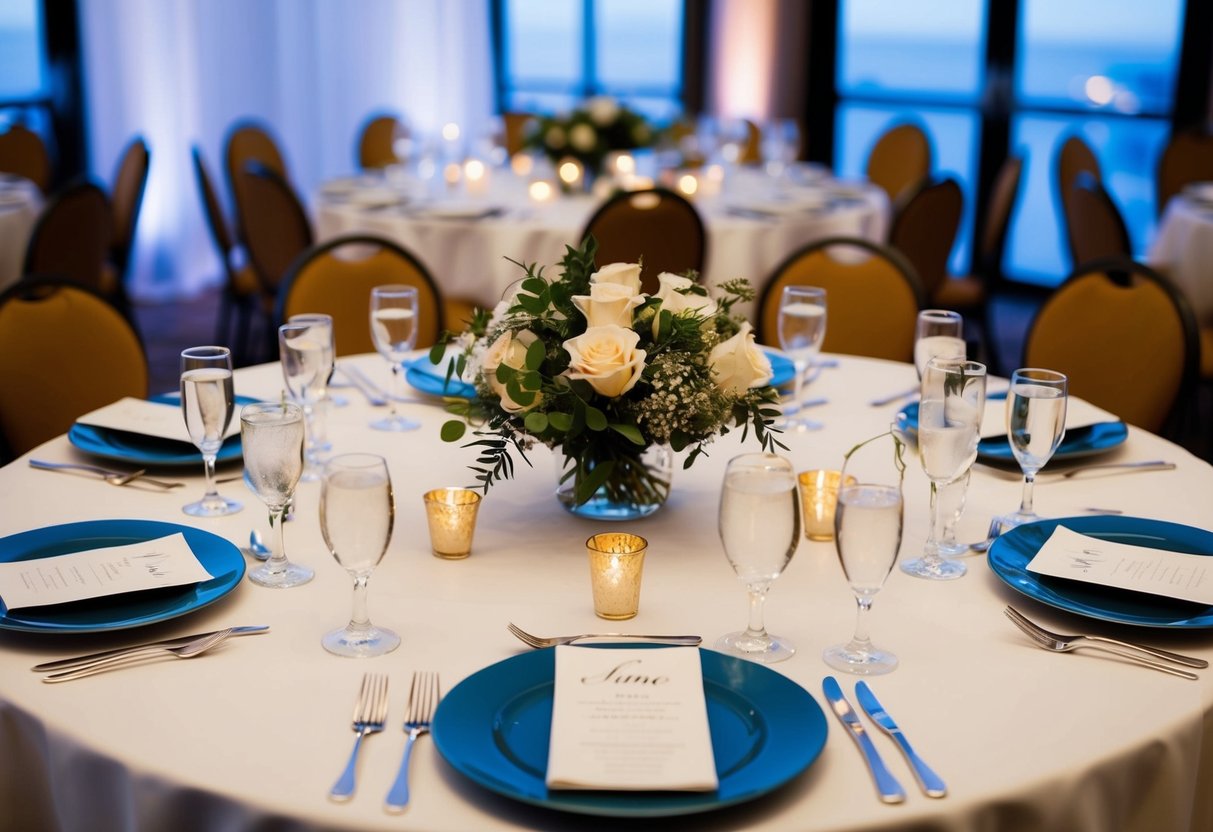A table set for a wedding reception, with place settings for each guest and a reserved spot for the bride and groom