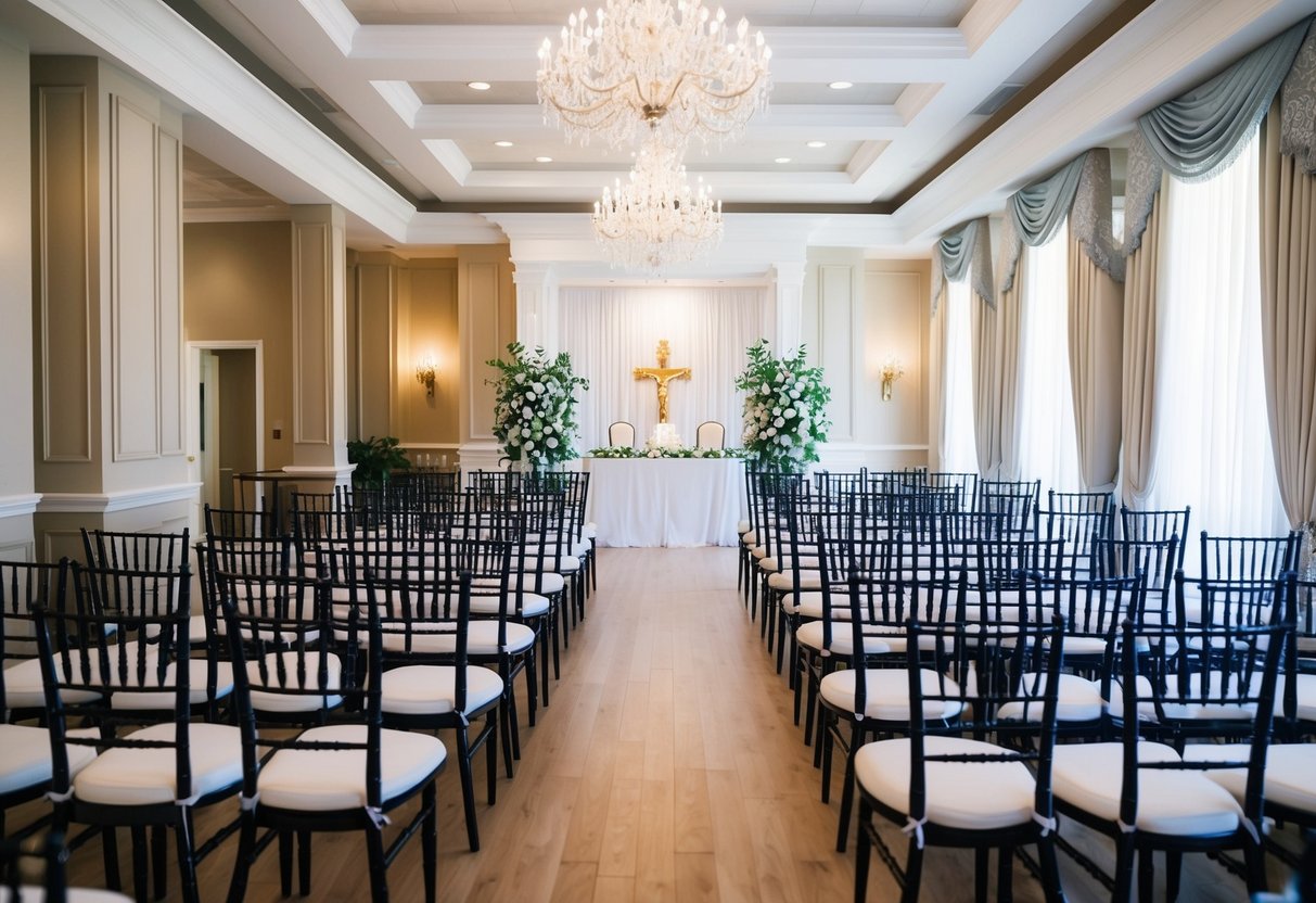 A beautifully decorated wedding venue with rows of empty chairs and a stunning altar, awaiting the arrival of guests