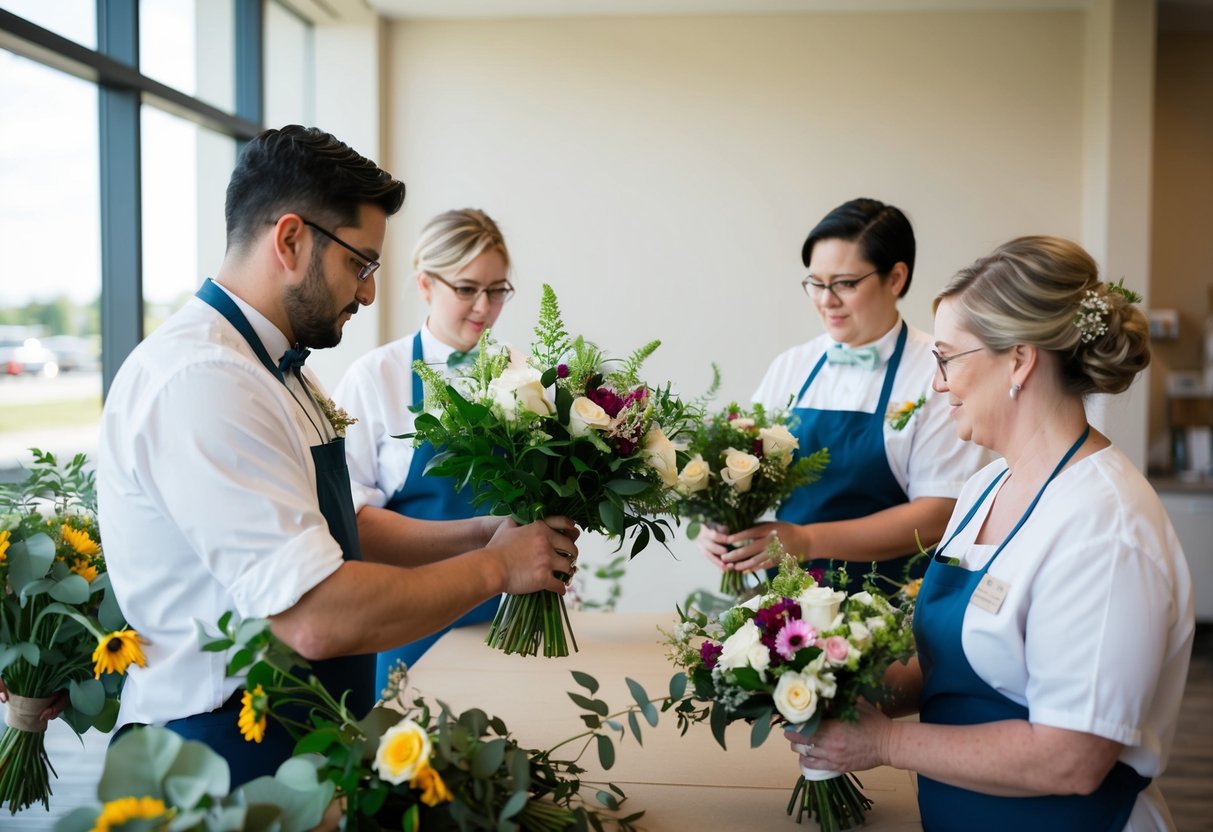 Florists arrange leftover wedding flowers into bouquets for donation to local hospitals and nursing homes