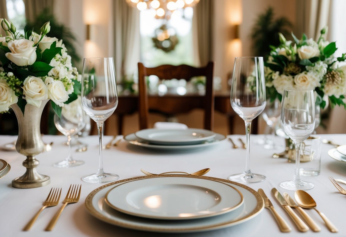 A beautifully set dining table with an empty chair and place setting, surrounded by elegant decor and soft lighting